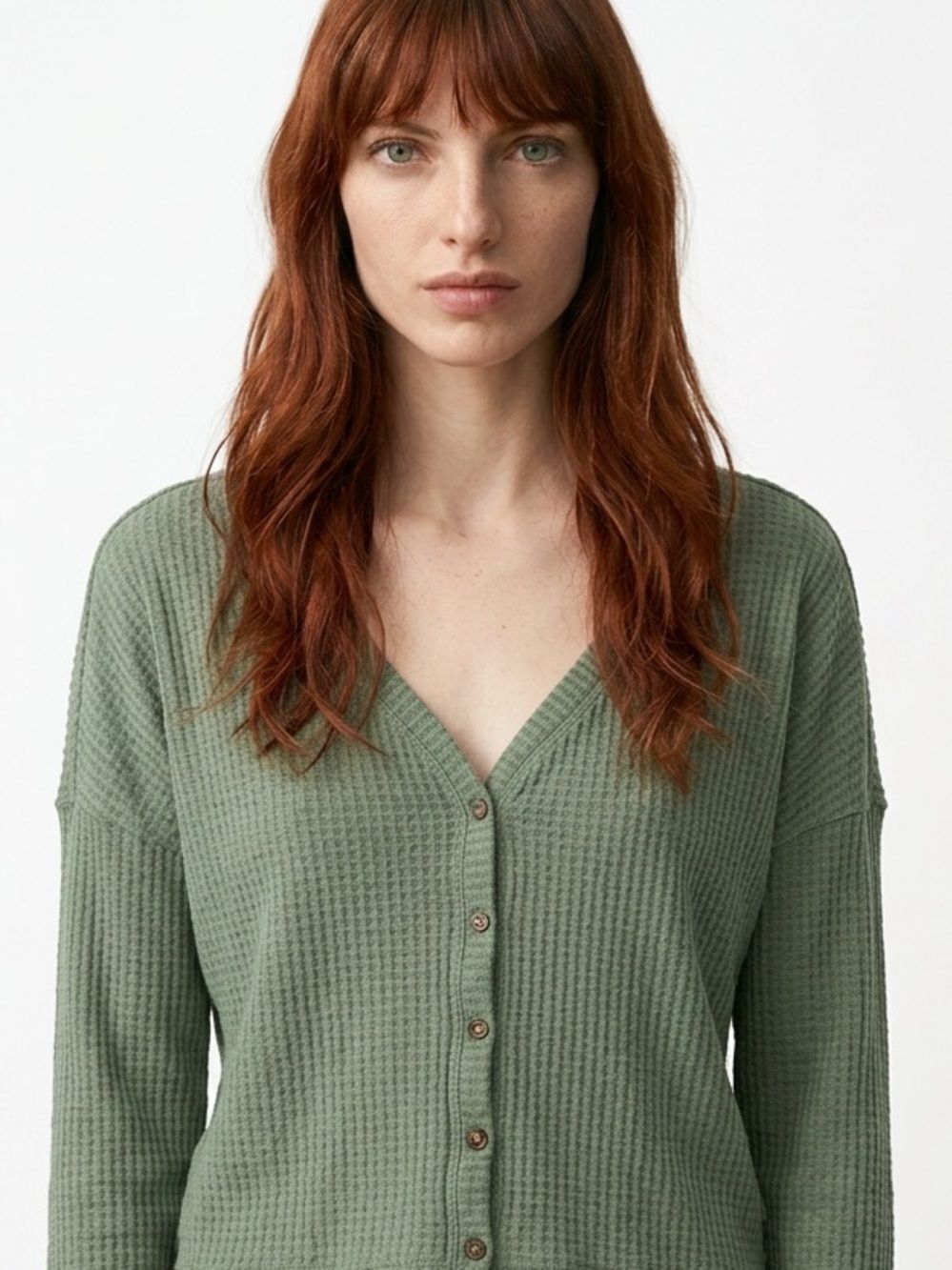 WILD FABLE | Green Waffle Knit Button Front Long Sleeve Top Women’s Size Medium